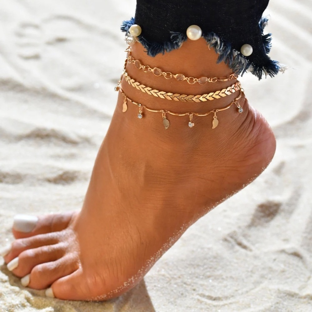 Luminous 3 Piece Leaf Anklet Set ,Gold Disc Chain with Gift Box